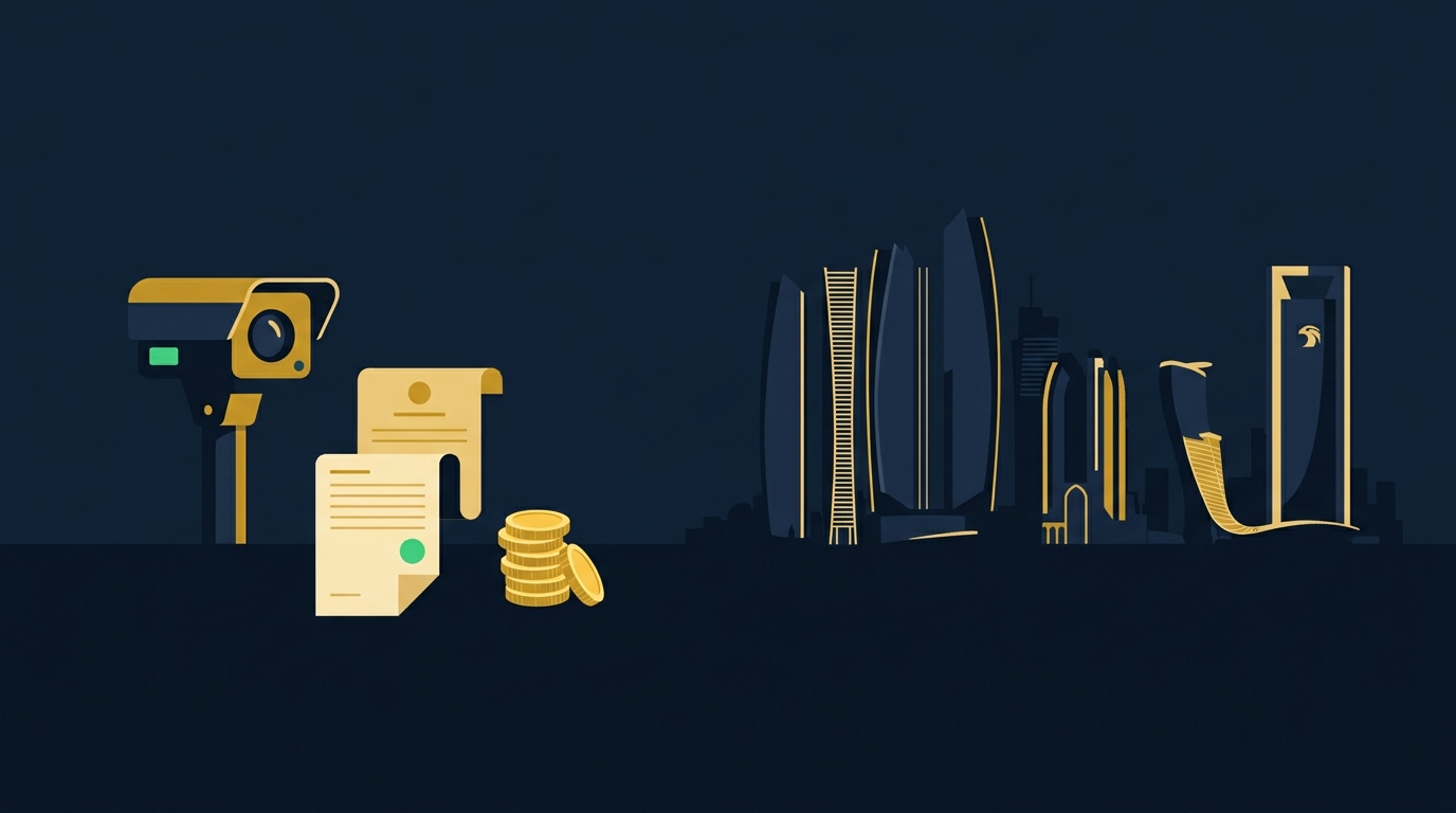 Abu Dhabi skyline with a speed camera, a traffic fine notice and gold coins illustrating Abu Dhabi traffic fines