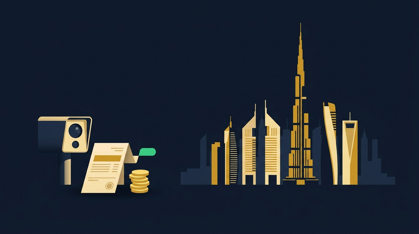 Dubai skyline with a speed camera, a traffic fine notice and gold coins illustrating Dubai traffic fines
