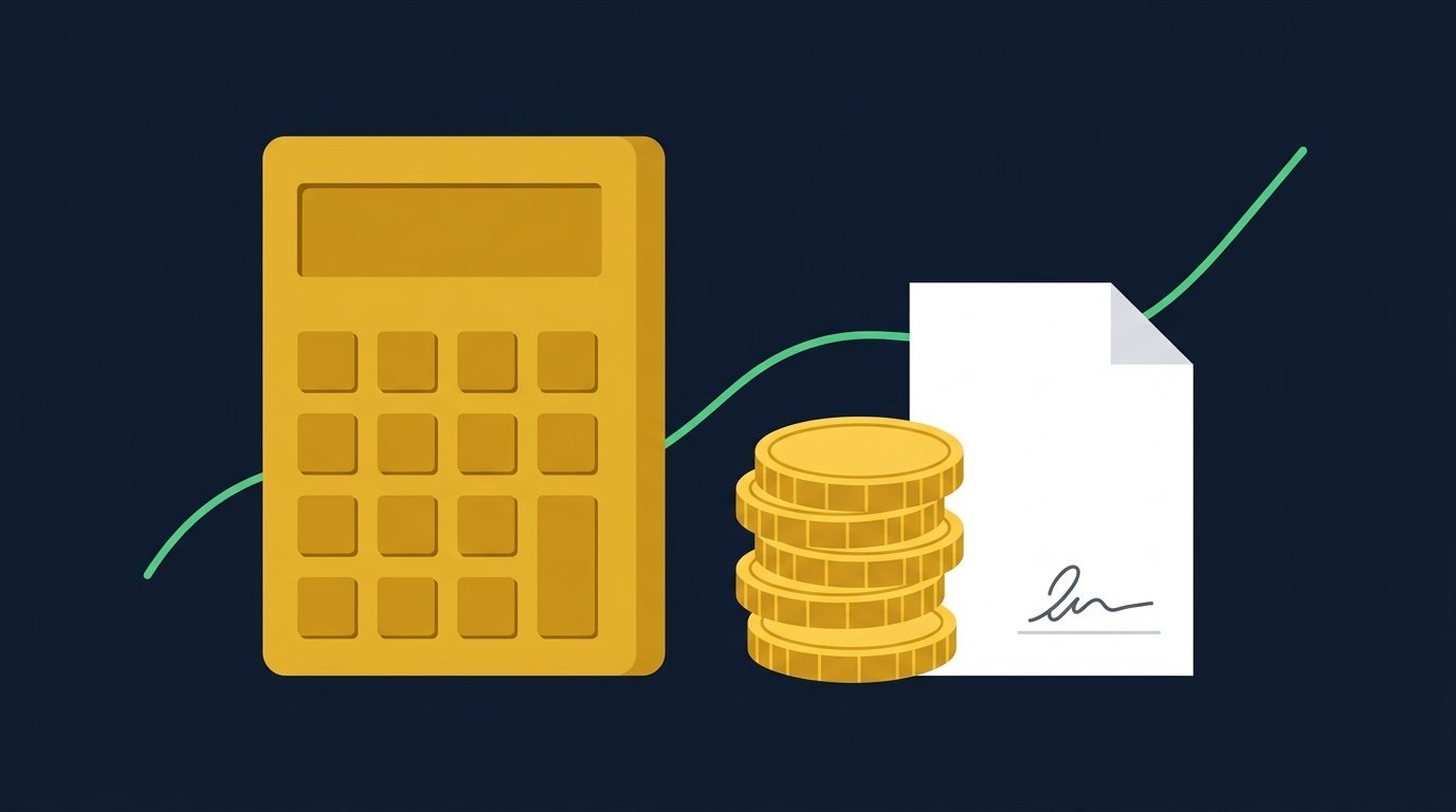 Golden calculator, coins and signed document illustrating how UAE gratuity is calculated
