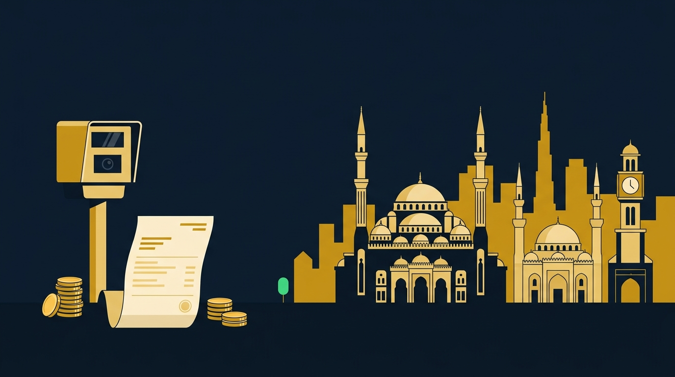 Sharjah skyline with mosque domes, a speed camera, a traffic fine notice and gold coins illustrating Sharjah traffic fines