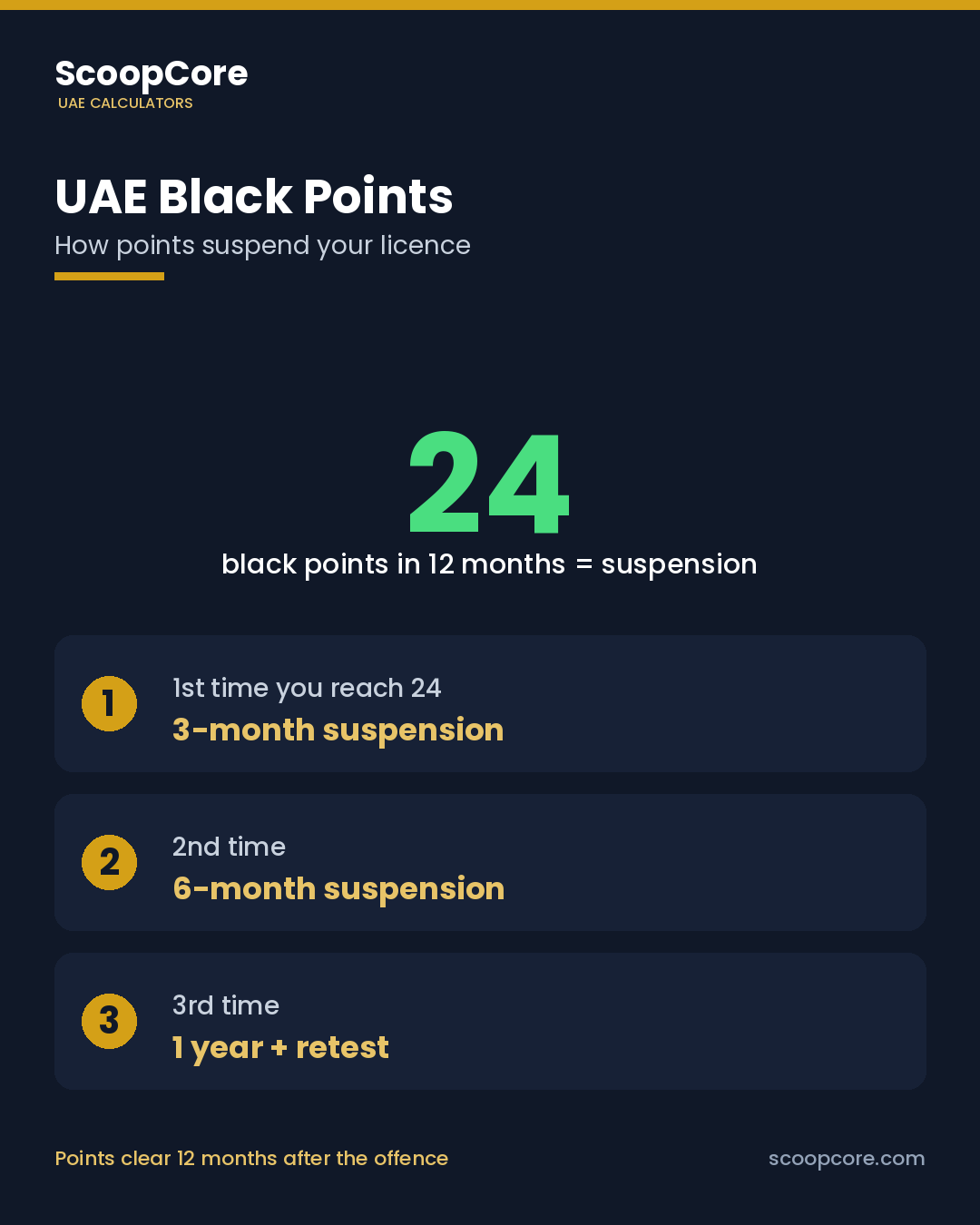 UAE black points suspension ladder showing how 24 points leads to 3, 6 and 12-month suspensions