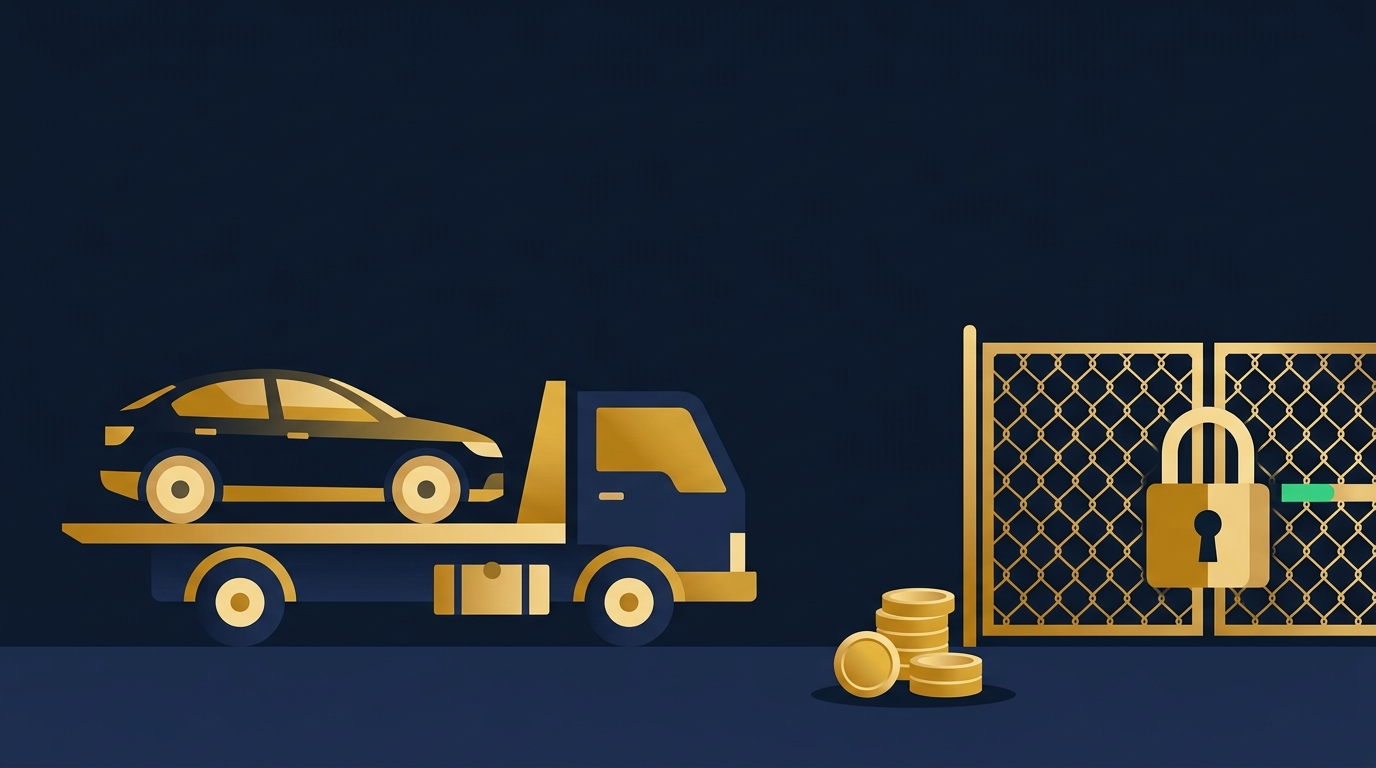A car on a tow truck beside an impound lot gate and padlock illustrating UAE vehicle impound and release